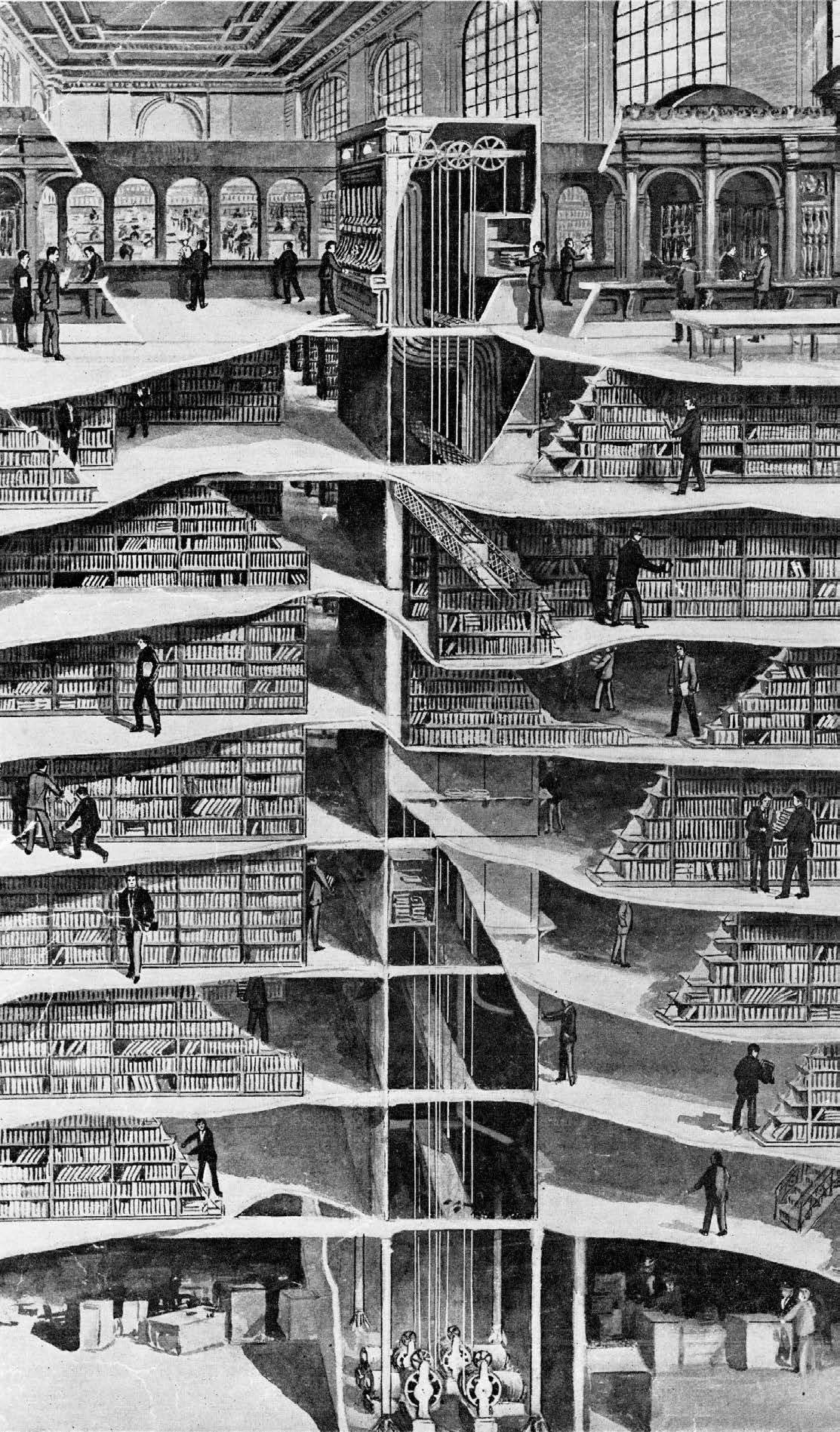 Cross-sectional illustration of a multi-level library with bookshelves and a central elevator system.