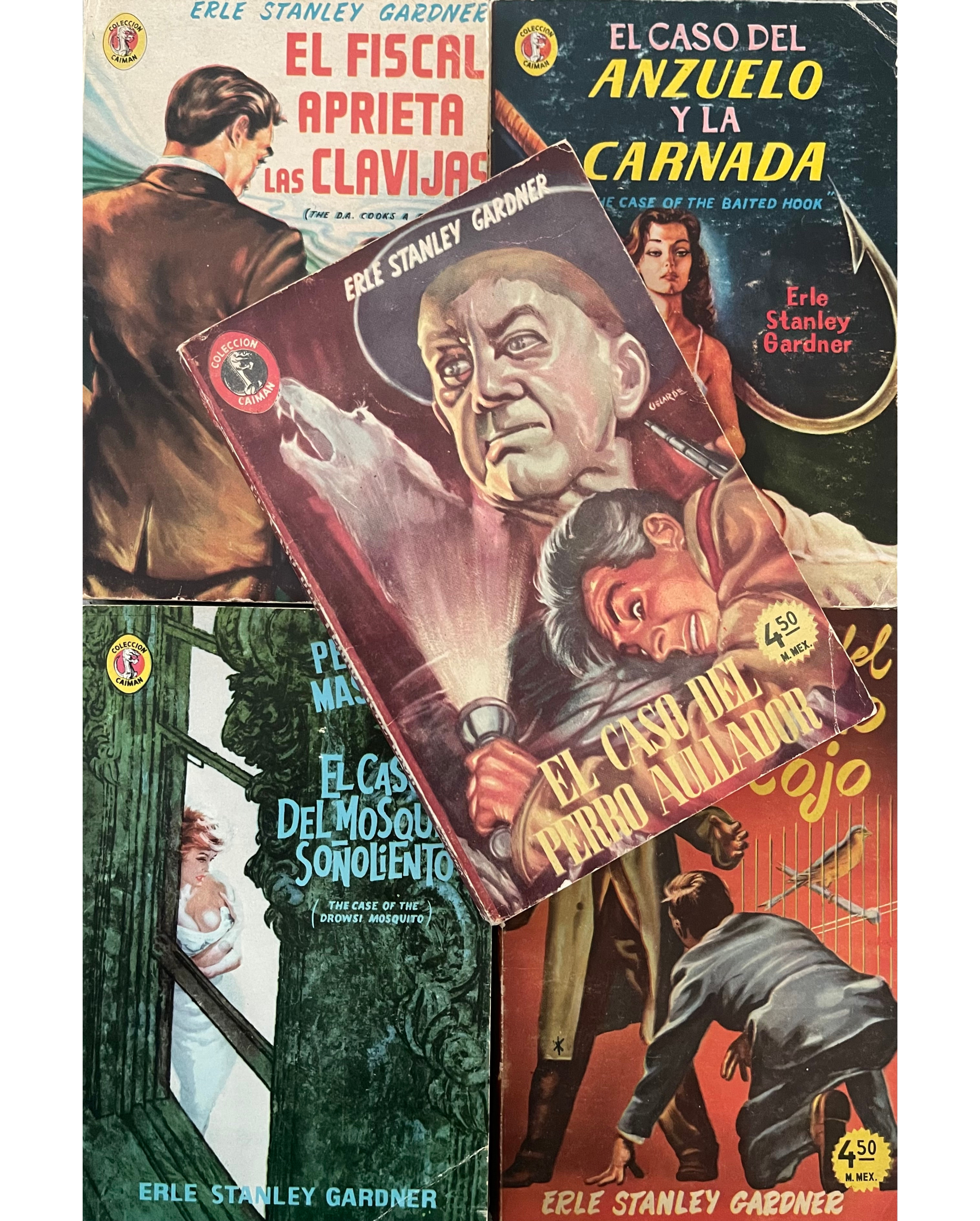A collection of five vintage Erle Stanley Gardner book covers in Spanish, featuring dramatic illustrations.