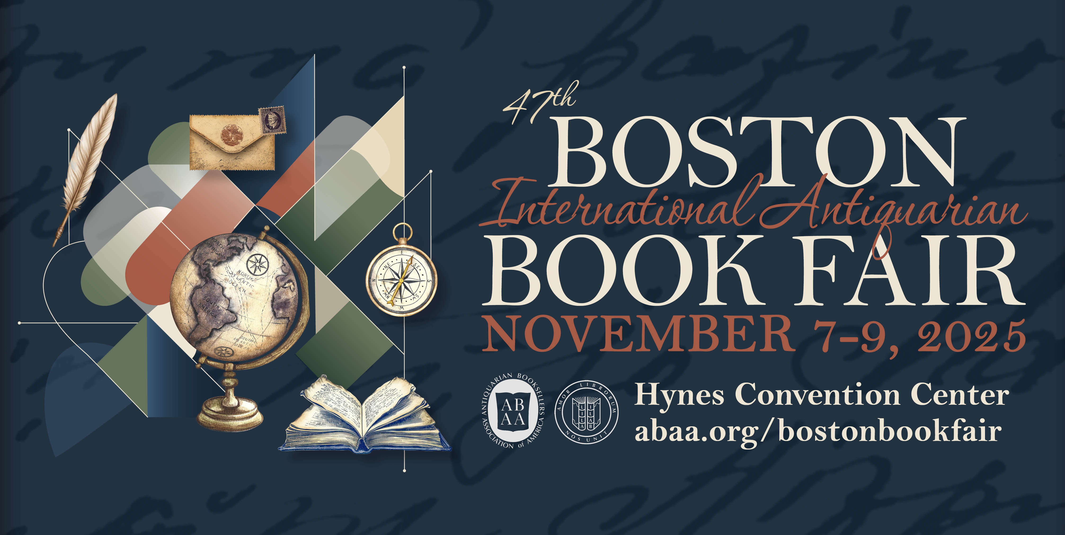 Promotional banner for the 47th Boston International Antiquarian Book Fair, November 7-9, 2025.