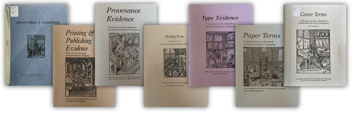 A row of seven overlapping books: the different print versions of a specific controlled vocabulary used by librarians.