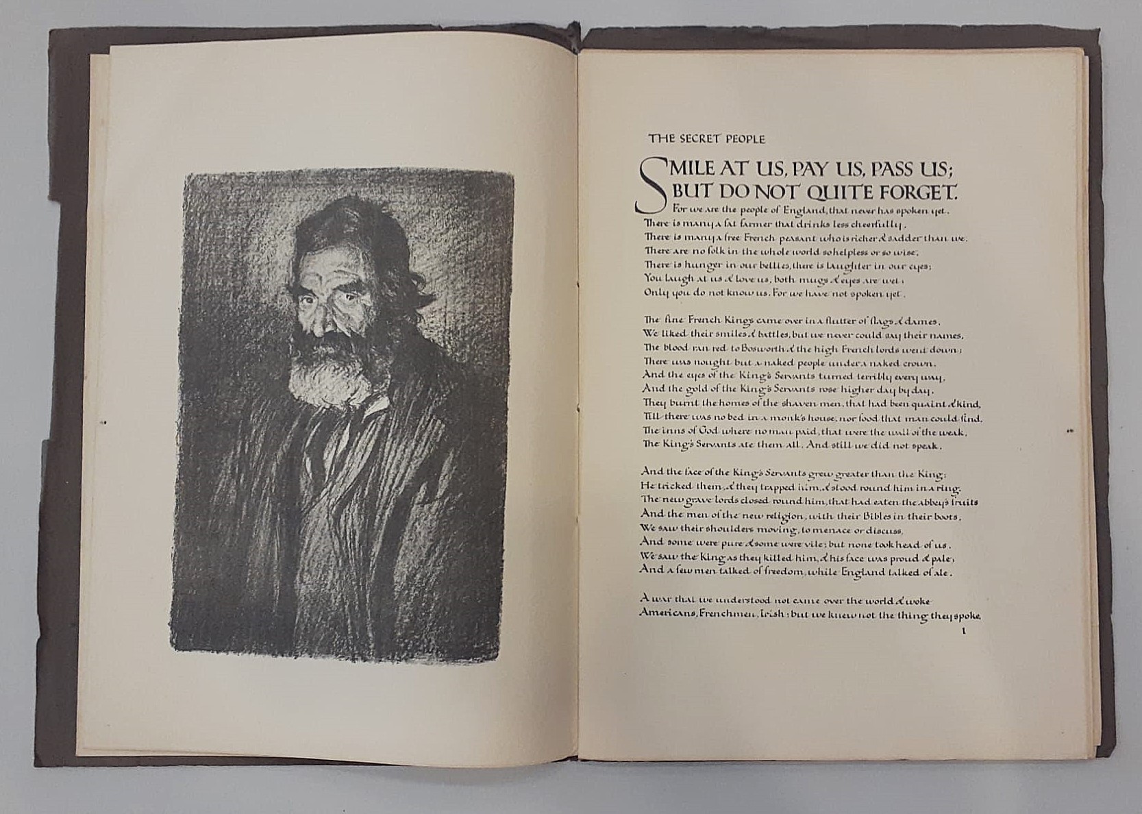 Open book with a portrait on the left page and a poem on the right page titled 