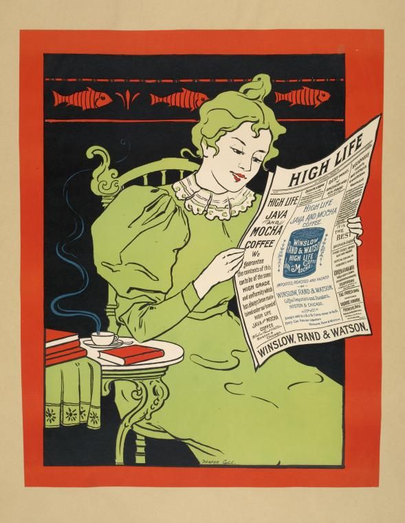 Vintage advertisement of a woman in a green dress reading a newspaper promoting High Life Java and Mocha Coffee beside a tea table.