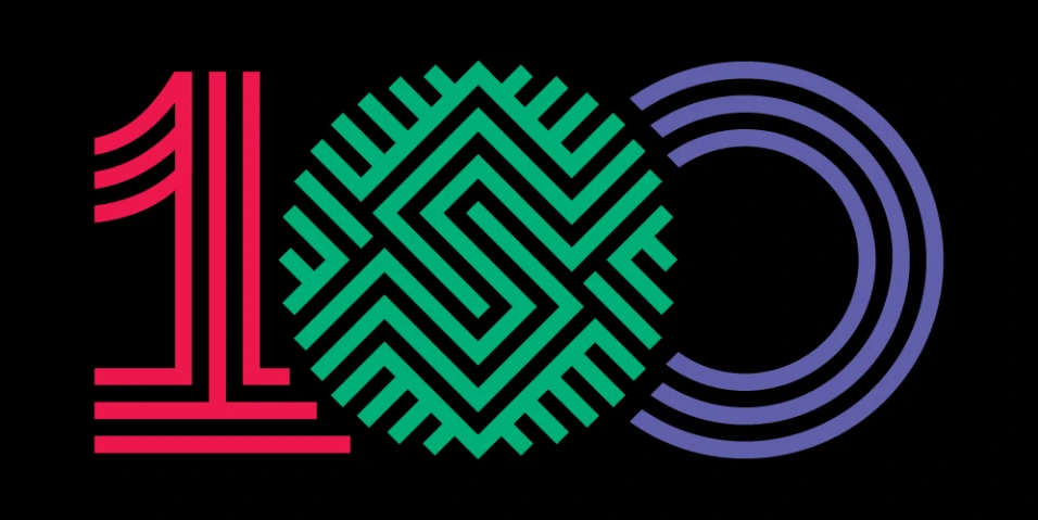 Stylized '100' with pink '1', green patterned zero, and purple arcs on a black background.