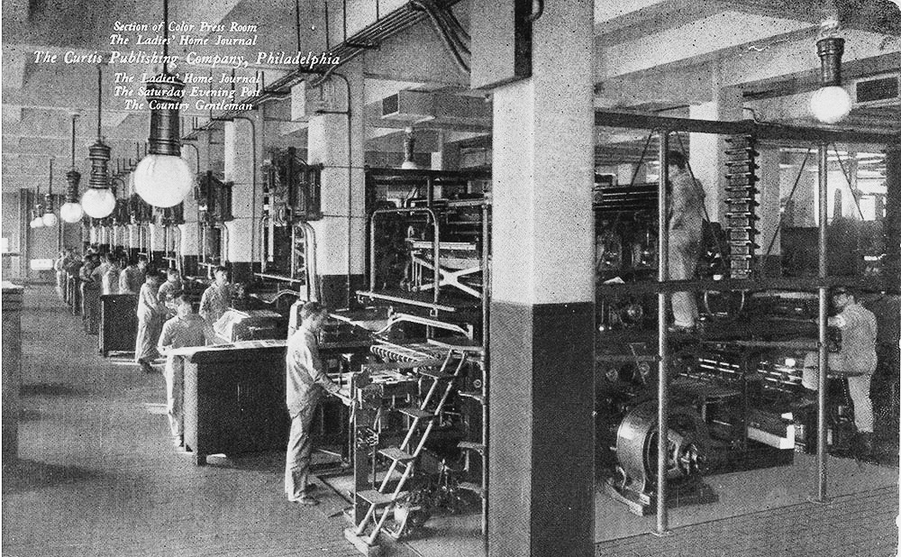 Curtis Publishing Company - Lithographer. (ca. 1910). The Curtis Publishing Company - Section of Color Press Room - Postcard. [Chromolithographs]. Retrieved from https://libwww.freelibrary.org/digital/item/40231