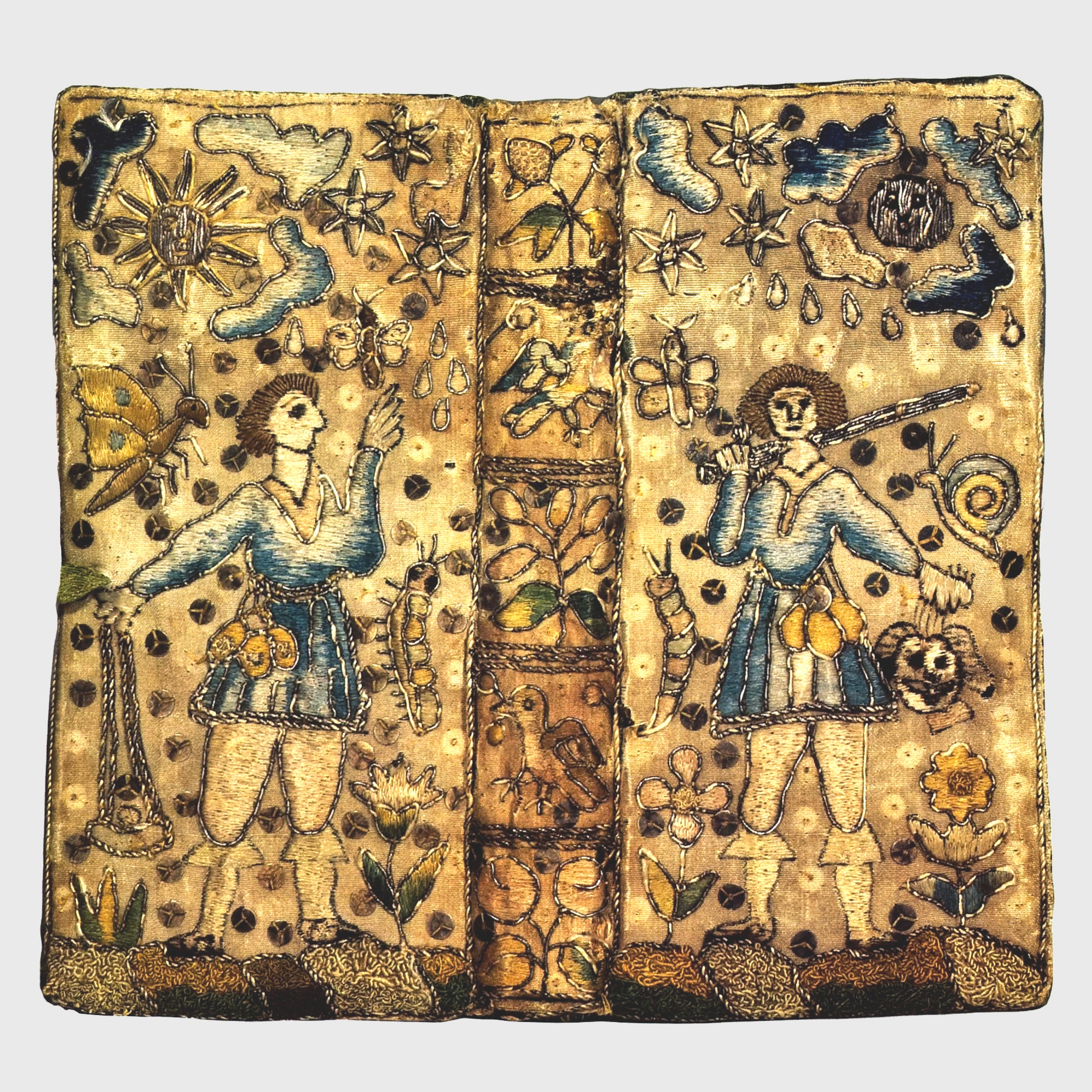 Embroidered binding (c.1639) of white satin with figures of David and Goliath's head on front and David with sling on back cover; gilt and gauffered edges, long green satin tie.