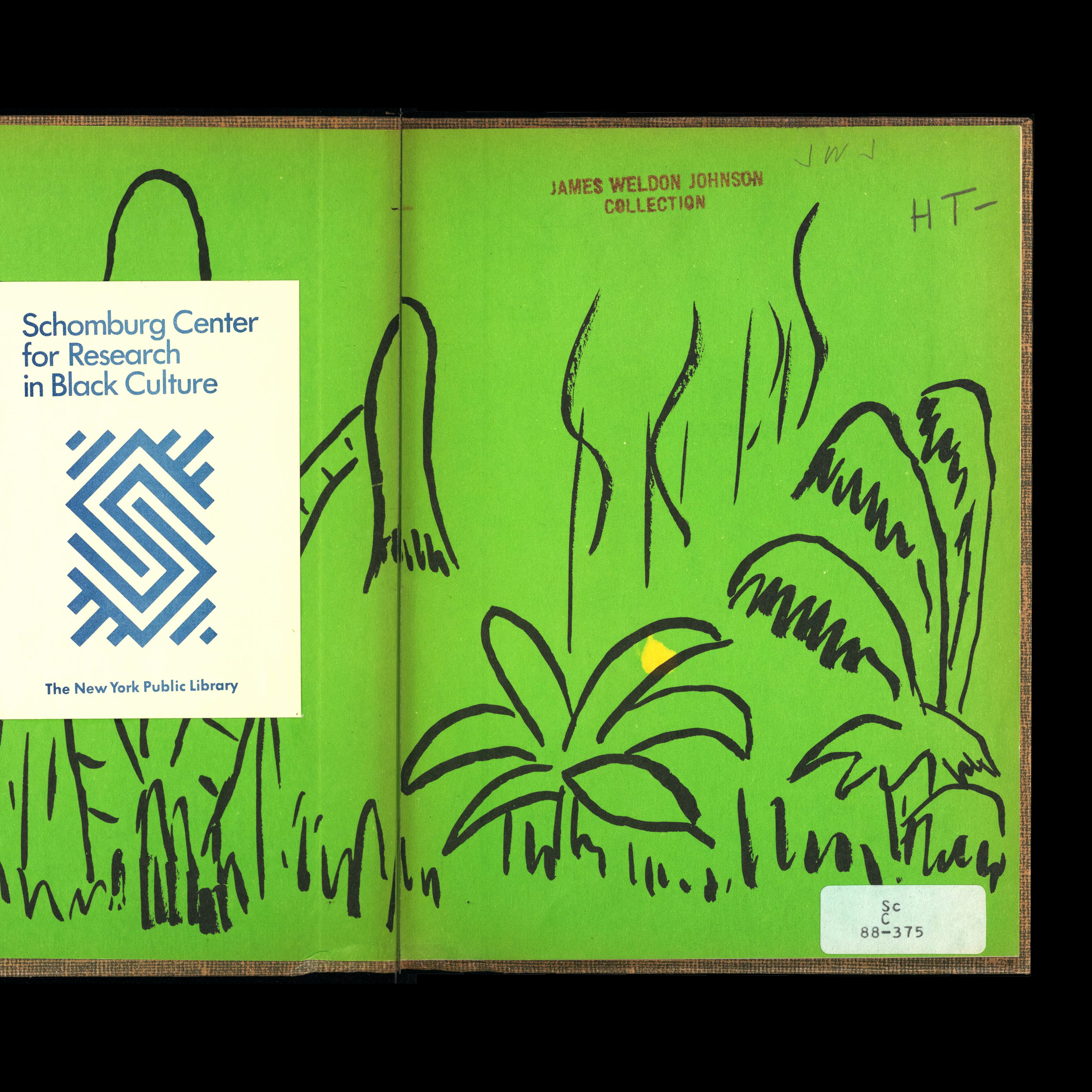 Front pastedown and free endpapers showing the pasted down Schomburg Center bookplate on the left and shelf mark on the right. Stamped