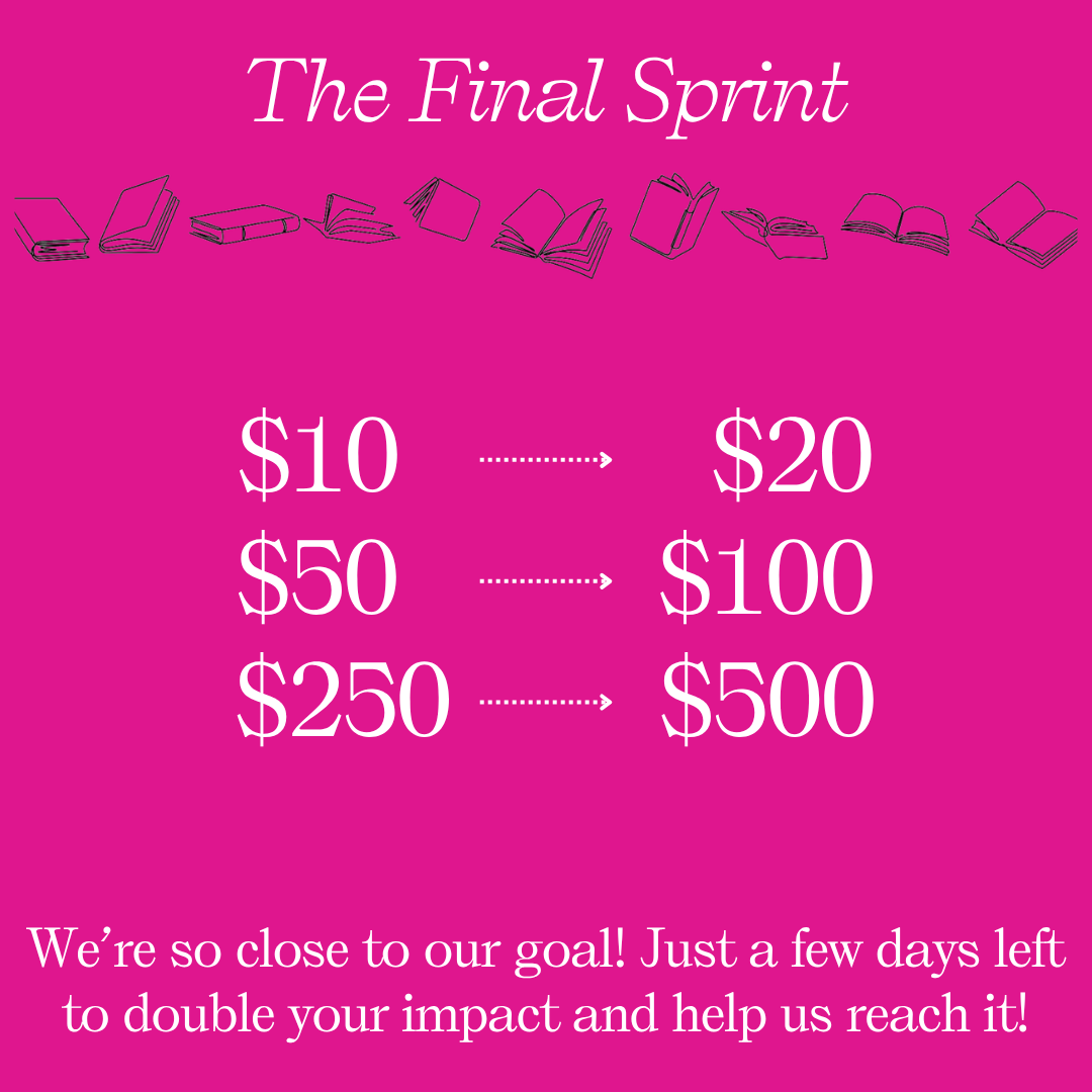 Pink background with donation amounts doubling from 10 to 20,  50 to100,  250 to 500, and a motivational message.